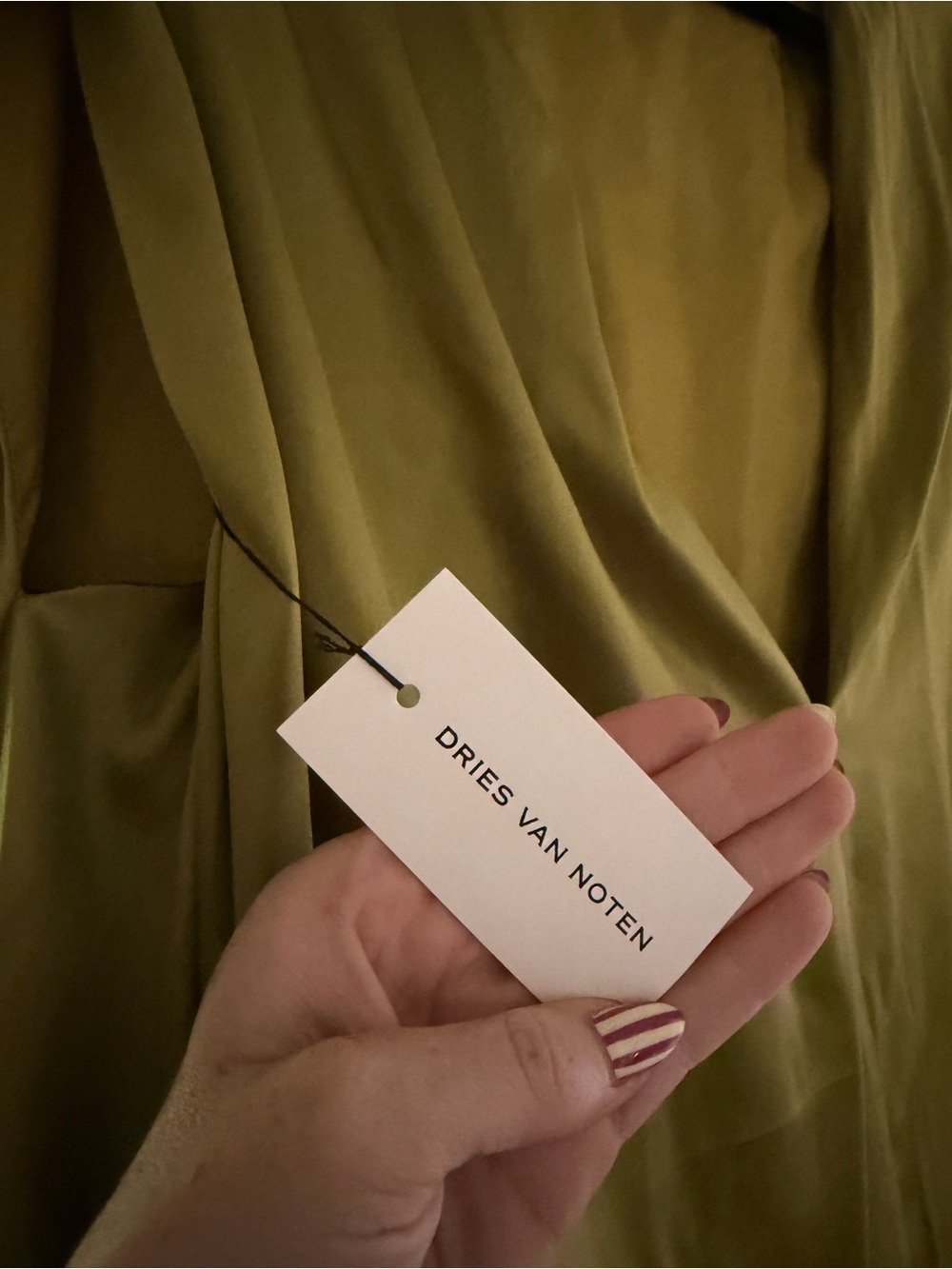 Dries Van Noten Olive Satin Maxi Dress with Deep V-Back - Picture 10 of 11